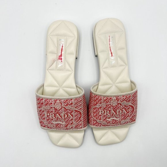 PRADA Logo Jacquard Slide Sandal White and Red Store Display Shoe - Picture 6 of 13